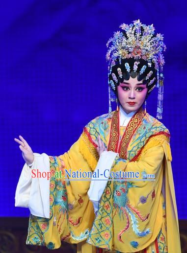 Chinese Cantonese Opera Empress Garment Costumes and Headdress Traditional Guangdong Opera Actress Apparels Queen Yellow Dress