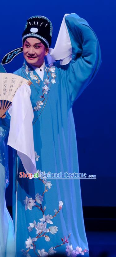 Search the College Chinese Guangdong Opera Xiaosheng Apparels Costumes and Headpieces Traditional Cantonese Opera Scholar Zhang Yimin Garment Niche Blue Robe Clothing