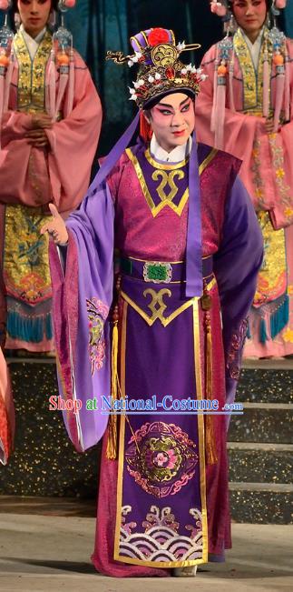 Chinese Guangdong Opera Young Male Apparels Costumes and Headwear Traditional Cantonese Opera Xiaosheng Garment Prince Purple Clothing