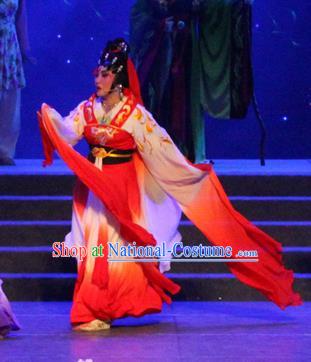 Chinese Cantonese Opera Fairy Garment Qian Nv You Hun Costumes and Headdress Traditional Guangdong Opera Ghost Nie Xiaoqian Apparels Hua Tan Red Dress