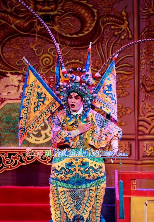 Chinese Guangdong Opera Crown Prince Apparels Costumes and Headwear Traditional Cantonese Opera Kao Garment General Armor Clothing with Flags