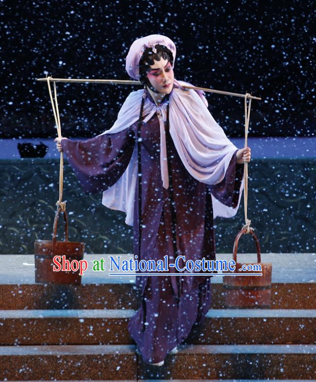 Chinese Cantonese Opera Country Woman Garment Bai Tu Ji Costumes and Headdress Traditional Guangdong Opera Distress Female Apparels Tsing Yi Dress