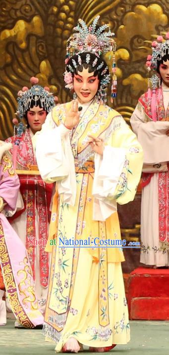 Chinese Cantonese Opera Queen Garment Princess Zhaojun Costumes and Headdress Traditional Guangdong Opera Hua Tan Apparels Young Beauty Yellow Dress