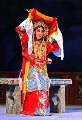 Chinese Cantonese Opera Bride Garment Princess Changping Costumes and Headdress Traditional Guangdong Opera Young Beauty Apparels Actress Red Dress