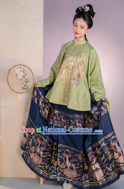 Chinese Traditional Ming Dynasty Noble Lady Apparels Ancient Patrician Female Hanfu Dress Historical Costumes Embroidered Blouse and Skirt Complete Set