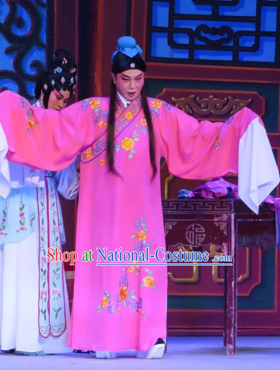 Chinese Guangdong Opera Peddler Apparels Costumes and Headwear Traditional Cantonese Opera Xiaosheng Garment Young Male Zhu Zhong Rosy Robe Clothing