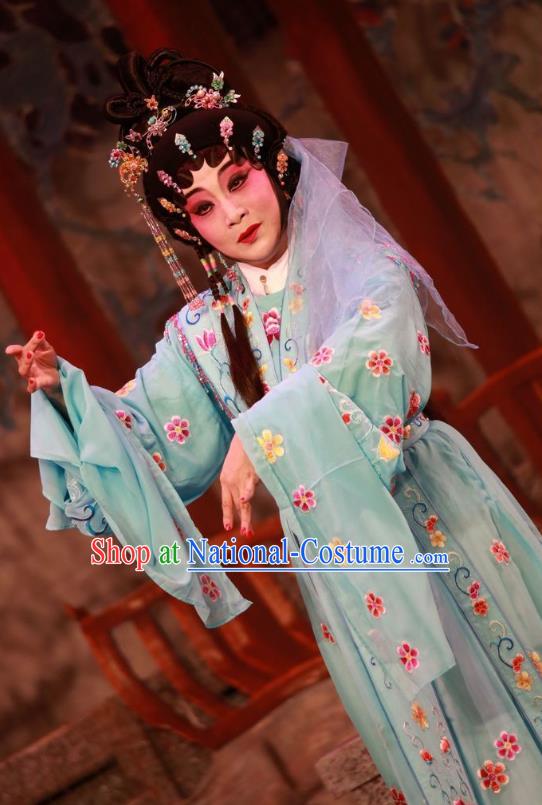 Chinese Cantonese Opera Young Female Garment Dan Jia Nv Costumes and Headdress Traditional Guangdong Opera Hua Tan Apparels Actress Blue Dress