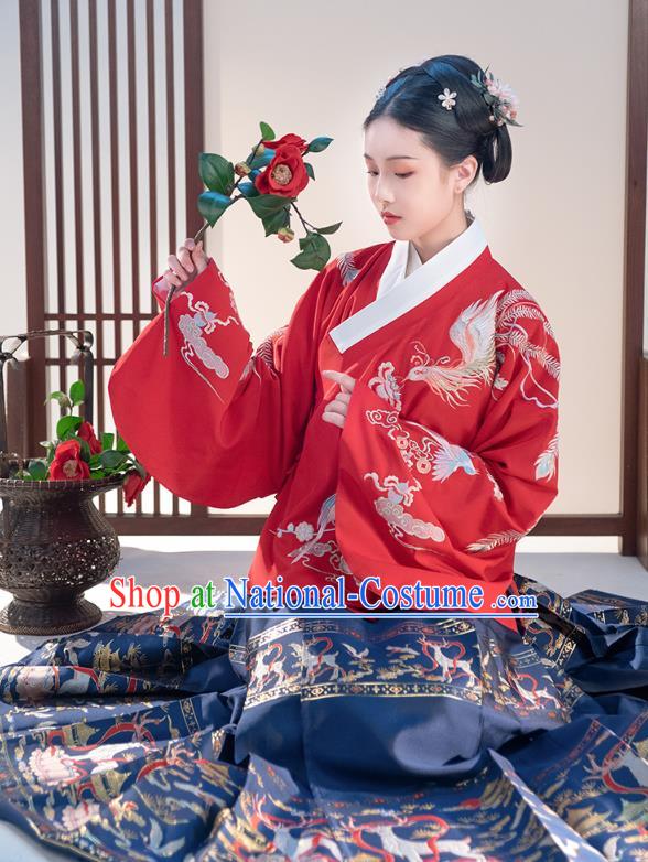 Chinese Traditional Ming Dynasty Patrician Lady Apparels Ancient Hanfu Dress Historical Costumes Red Blouse and Navy Blue Skirt Complete Set