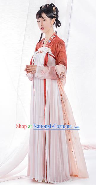 Top Chinese Traditional Tang Dynasty Noble Lady Hanfu Apparels Ancient Patrician Girl Historical Costumes Blouse and Slip Skirt Full Set