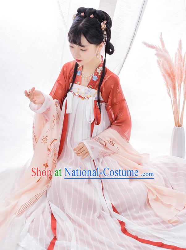 Top Chinese Traditional Tang Dynasty Noble Lady Hanfu Apparels Ancient Patrician Girl Historical Costumes Blouse and Slip Skirt Full Set