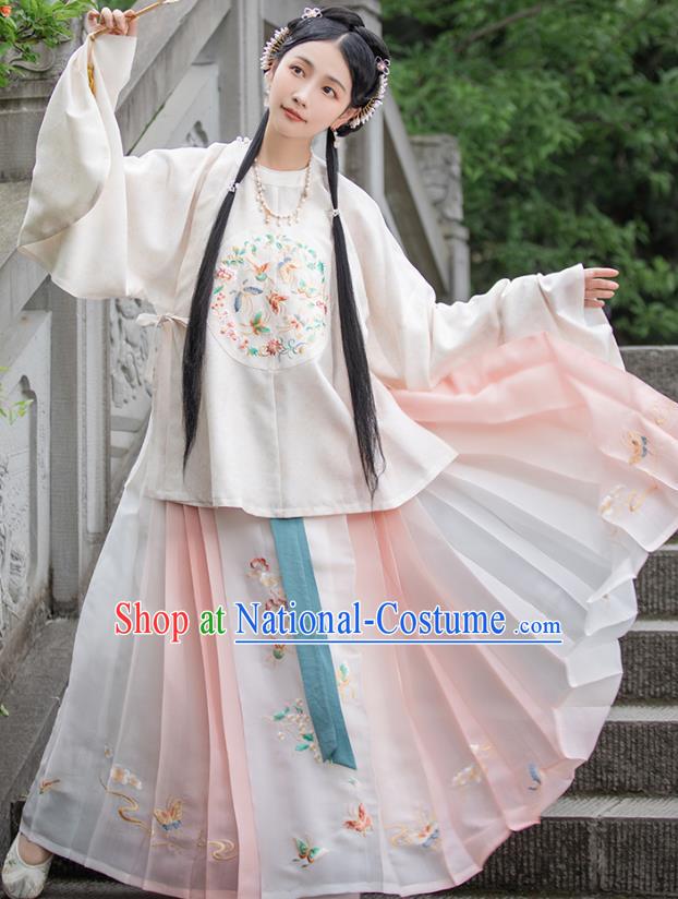 Traditional Chinese Ming Dynasty Patrician Lady Hanfu Apparels Ancient Nobility Female Historical Costumes Embroidered Blouse and Horse Face Skirt Complete Set