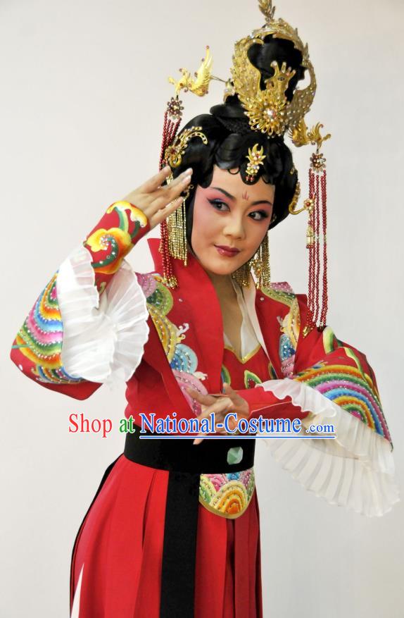 Chinese Sichuan Highlights Opera Hua Tan Garment Costumes and Headdress Princess Turandot Traditional Peking Opera Actress Red Dress Apparels