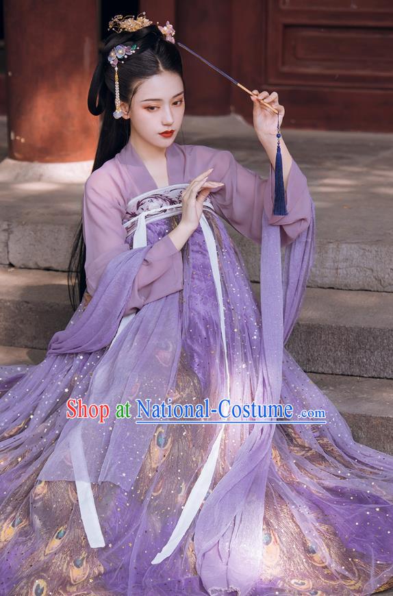 Traditional Chinese Tang Dynasty Court Infanta Historical Costumes Ancient Apparels Princess Goddess Lilac Hanfu Dress for Women