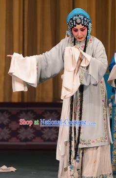 Chinese Hebei Clapper Opera Diva Garment Costumes and Headdress Dou E Yuan Traditional Bangzi Opera Qsing Yi Dress Distress Maiden Apparels