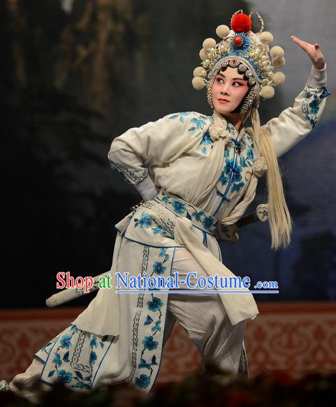 Chinese Hebei Clapper Opera Wudan Garment Costumes and Headdress Madam White Snake Traditional Bangzi Opera Martial Female Dress Bai Suzhen Apparels