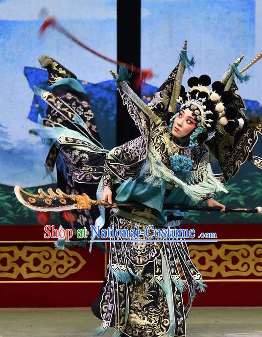 Chinese Hebei Clapper Opera Martial Female Garment Costumes and Headdress Broadsword Wang Huainv Traditional Bangzi Opera Tao Ma Tan Dress Black Kao Apparels with Flags