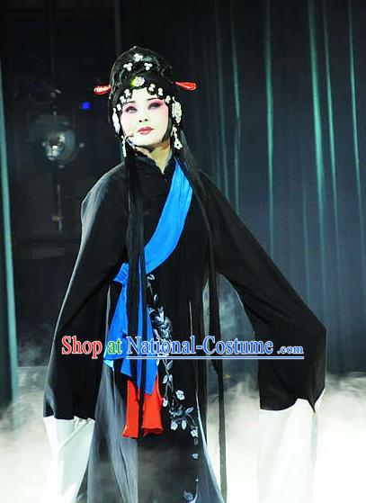 Chinese Hebei Clapper Opera Distress Woman Garment Costumes and Headdress Meng Jiangnv Traditional Bangzi Opera Actress Dress Young Female Black Apparels