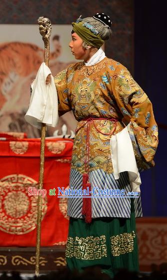 Chinese Hebei Clapper Opera Pantaloon She Saihua Garment Costumes and Headdress Yuan Men Zhan Zi Traditional Bangzi Opera Elderly Female Dress Laodan Apparels