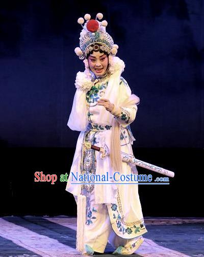 Chinese Hebei Clapper Opera Swordswoman Garment Costumes and Headdress Madam White Snake Traditional Bangzi Opera Martial Female Bai Suzhen Dress Apparels