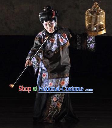 Chinese Hebei Clapper Opera Dowager Garment Costumes and Headdress Golden Lock Notes Traditional Bangzi Opera Rich Female Dress Pantaloon Cao Qiqiao Apparels