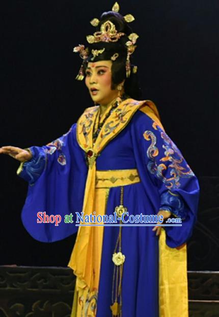 Chinese Shanxi Clapper Opera Imperial Empress Garment Costumes and Headdress Ping Cheng Fu Traditional Bangzi Opera Diva Feng Yan Blue Dress Apparels