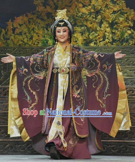 Chinese Shanxi Clapper Opera Noble Dame Garment Costumes and Headdress Ping Cheng Fu Traditional Bangzi Opera Empress Dowager Feng Dress Elderly Female Apparels