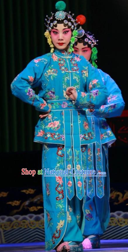 Chinese Shanxi Clapper Opera Martial Female Garment Costumes and Headdress Women General of Yang Family Traditional Bangzi Opera Wudan Blue Dress Apparels