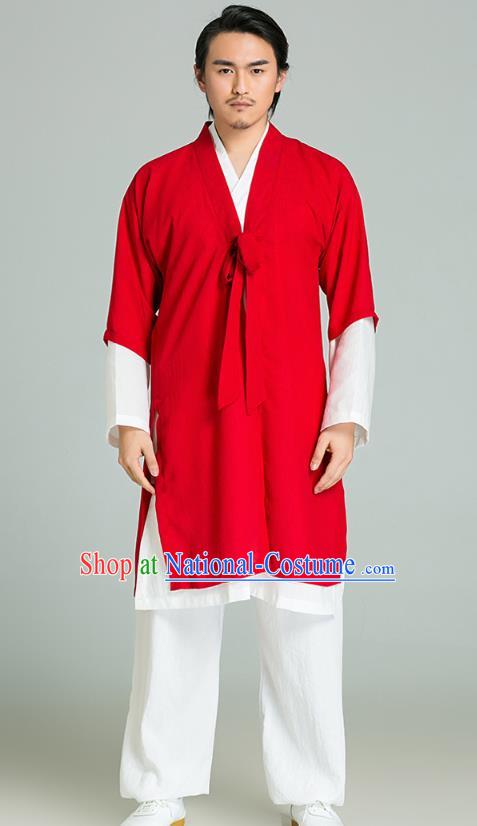 Top Grade Chinese Tai Ji Training Uniforms Kung Fu Martial Arts Costume Shaolin Gongfu Red Cloak White Shirt and Pants for Men