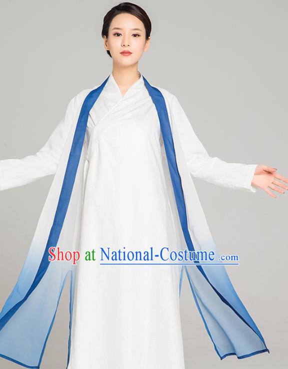 Asian Chinese Traditional Tang Suit Blue Chiffon Cloak Martial Arts Costumes China Kung Fu Upper Outer Garment Cardigan for Women