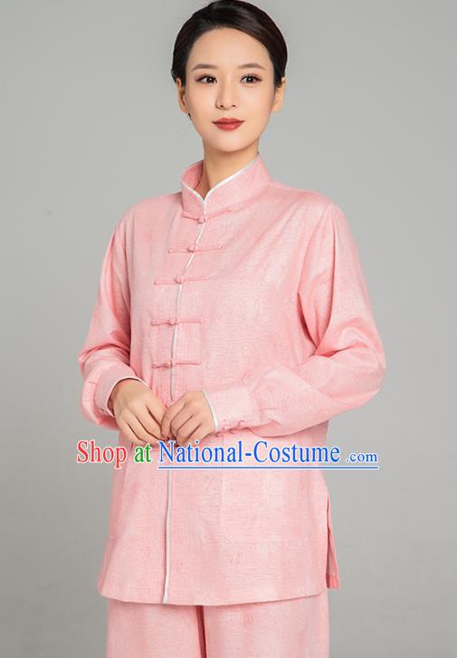 Professional Chinese Tang Suit Jacquard Pink Flax Blouse and Pants Outfits Martial Arts Costumes Kung Fu Tai Chi Training Garment for Women