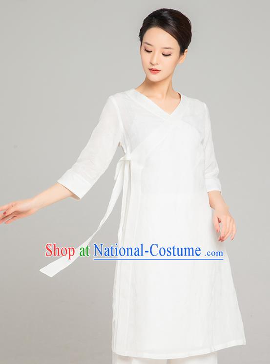 Asian Chinese Traditional Tang Suit White Flax Blouse Martial Arts Costumes China Kung Fu Upper Outer Garment Dress for Women