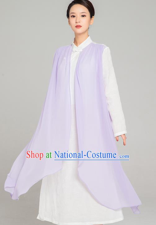 Asian Chinese Traditional Tang Suit Lilac Chiffon Cloak Dress Martial Arts Costumes China Kung Fu Garment for Women