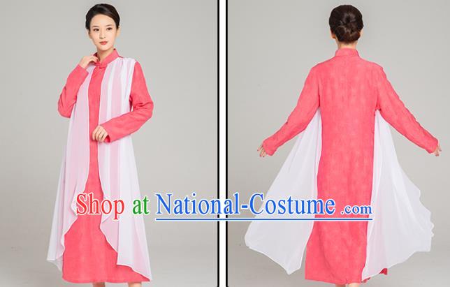 Asian Chinese Traditional Tang Suit Chiffon Cloak Rosy Dress Martial Arts Costumes China Kung Fu Garment for Women