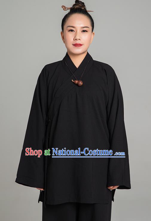 Asian Chinese Traditional Taoist Nun Black Flax Blouse and Pants Martial Arts Costumes China Kung Fu Garment Outfits for Women