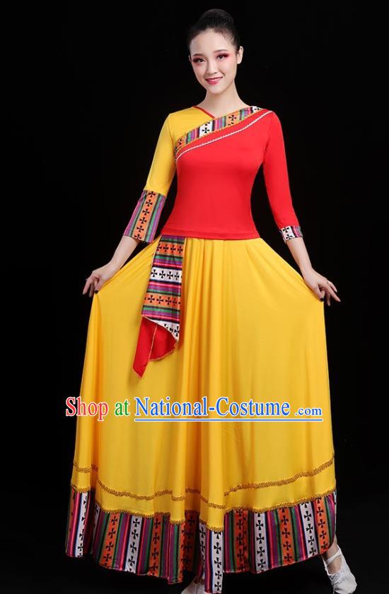 Traditional Chinese Folk Dance Costumes Stage Show Garment Yellow Dress for Women