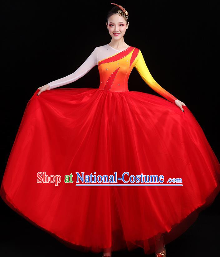 Traditional Chinese Modern Dance Costumes Opening Dance Stage Show Garment Chorus Group Red Veil Dress for Women