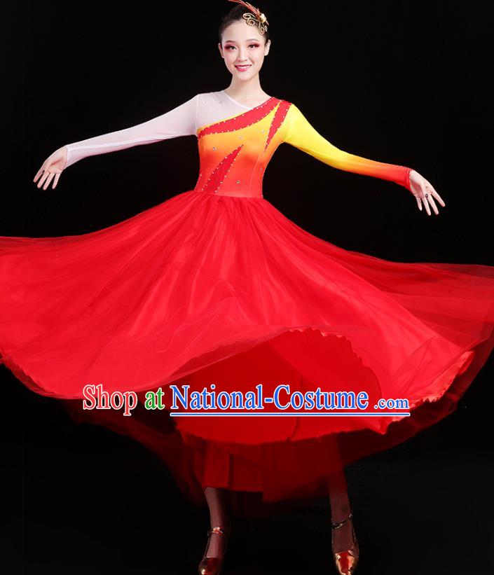 Traditional Chinese Modern Dance Costumes Opening Dance Stage Show Garment Chorus Group Red Veil Dress for Women