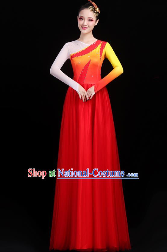 Traditional Chinese Modern Dance Costumes Opening Dance Stage Show Garment Chorus Group Red Veil Dress for Women