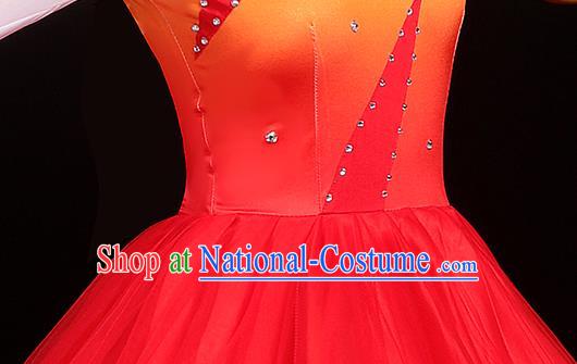 Traditional Chinese Modern Dance Costumes Opening Dance Stage Show Garment Chorus Group Red Veil Dress for Women