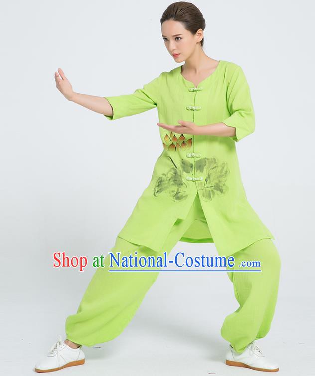 Professional Chinese Martial Arts Hand Painting Lotus Green Flax Blouse and Pants Costumes Kung Fu Training Garment Tai Chi Outfits for Women