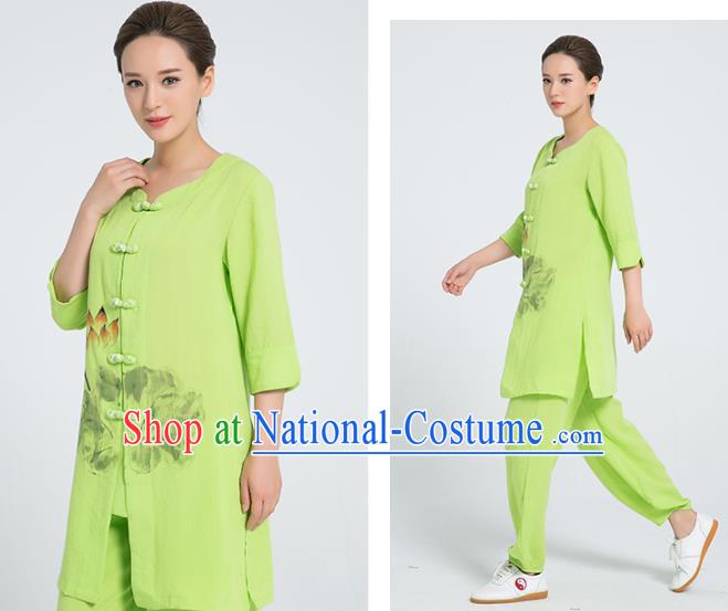 Professional Chinese Martial Arts Hand Painting Lotus Green Flax Blouse and Pants Costumes Kung Fu Training Garment Tai Chi Outfits for Women