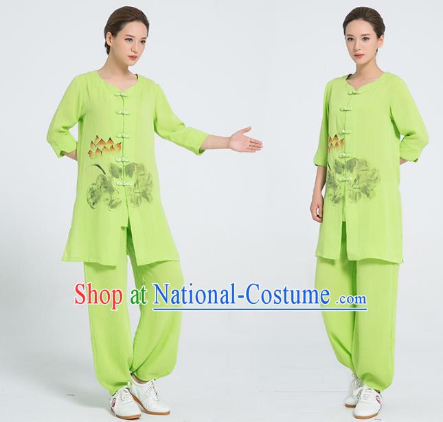 Professional Chinese Martial Arts Hand Painting Lotus Green Flax Blouse and Pants Costumes Kung Fu Training Garment Tai Chi Outfits for Women