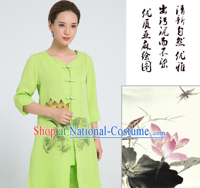 Professional Chinese Martial Arts Hand Painting Lotus Green Flax Blouse and Pants Costumes Kung Fu Training Garment Tai Chi Outfits for Women