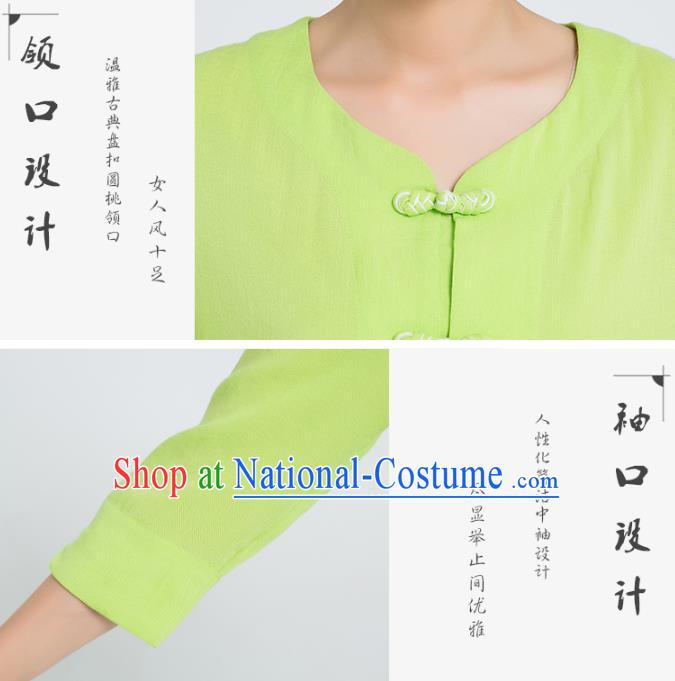 Professional Chinese Martial Arts Hand Painting Lotus Green Flax Blouse and Pants Costumes Kung Fu Training Garment Tai Chi Outfits for Women