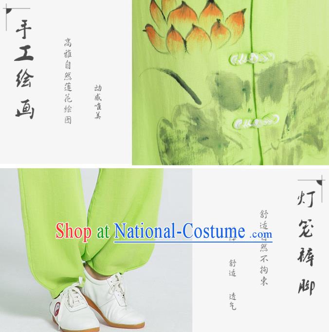 Professional Chinese Martial Arts Hand Painting Lotus Green Flax Blouse and Pants Costumes Kung Fu Training Garment Tai Chi Outfits for Women