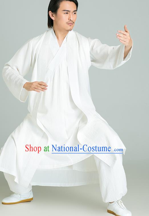 Top Grade Chinese Tai Chi Training White Uniforms Kung Fu Competition Costume Martial Arts White Vest Shirt and Pants for Men