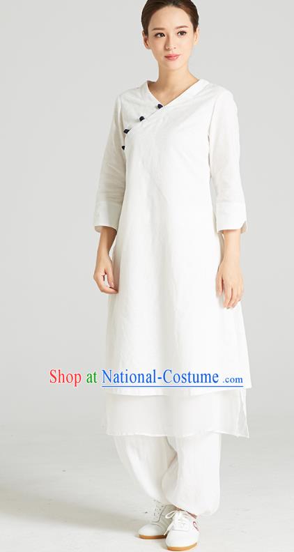 Professional Chinese Tang Suit White Long Blouse and Pants Costumes Kung Fu Garment Traditional Wudang Tai Chi Training Outfits for Women