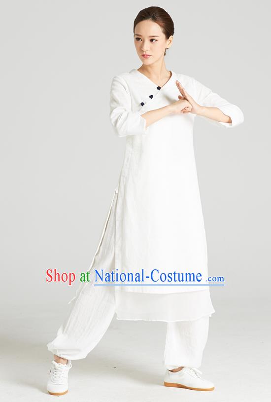 Professional Chinese Tang Suit White Long Blouse and Pants Costumes Kung Fu Garment Traditional Wudang Tai Chi Training Outfits for Women