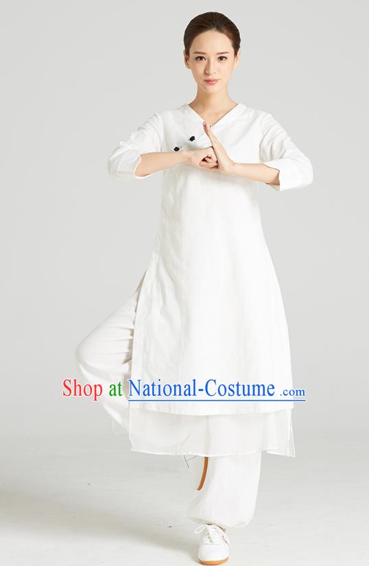 Professional Chinese Tang Suit White Long Blouse and Pants Costumes Kung Fu Garment Traditional Wudang Tai Chi Training Outfits for Women