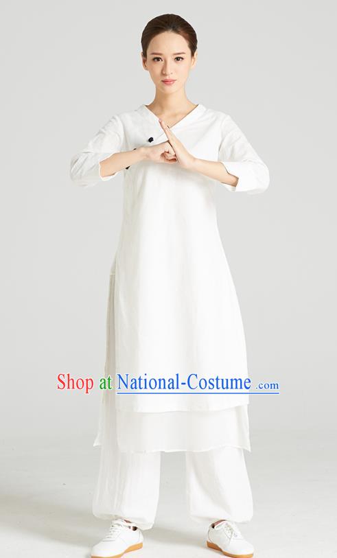 Professional Chinese Tang Suit White Long Blouse and Pants Costumes Kung Fu Garment Traditional Wudang Tai Chi Training Outfits for Women